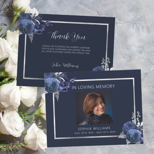 Sympathy funeral blue floral photo thank you card (Creator Uploaded)