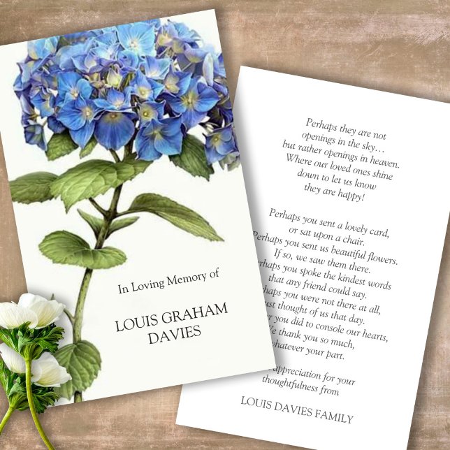 Sympathy Funeral Blue Hydrangea Prayer Cards (Sympathy floral Celebration of Life, In Loving Memory, Forever in our Hearts Funeral prayer cards)