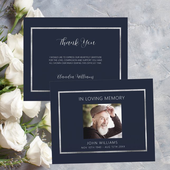 Sympathy funeral blue photo thank you card (Creator Uploaded)