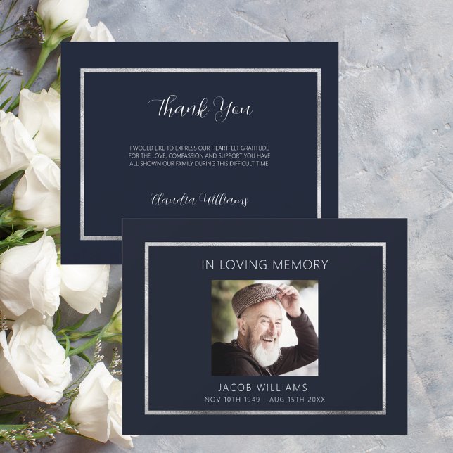 Sympathy funeral blue silver photo thank you card (Creator Uploaded)