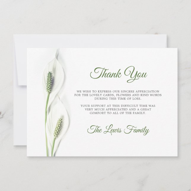 Sympathy Funeral Calla Lily Flower Thank You PHOTO Card (Front)