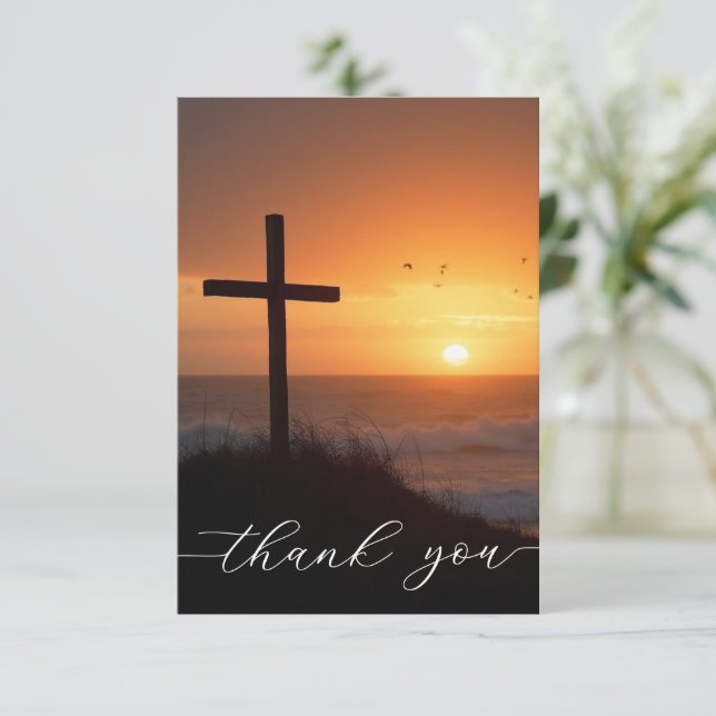 Sympathy Funeral Memorial Cross at Ocean Thank You Card (Standing Front)
