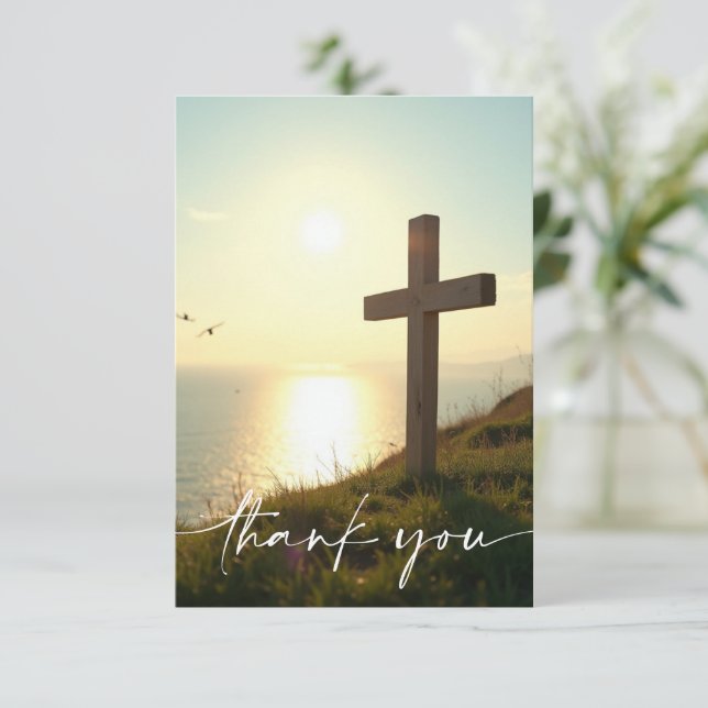 Sympathy Funeral Memorial Cross at Sunrise Thank You Card (Standing Front)