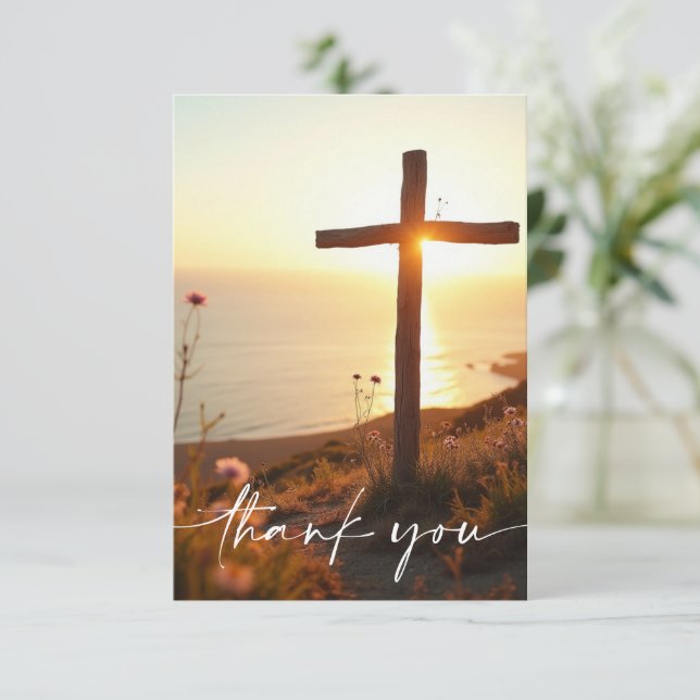 Sympathy Funeral Memorial Cross Sunrise Ocean Thank You Card (Standing Front)