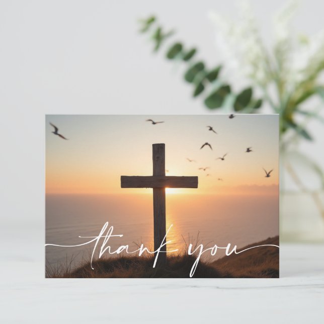 Sympathy Funeral Memorial Cross Sunrise Ocean Thank You Card (Standing Front)