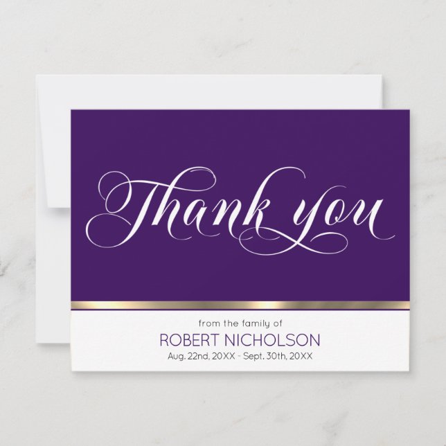 Sympathy Funeral Memorial Thank You Gold Purple (Front)