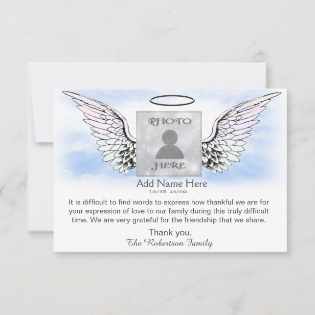 Sympathy Funeral Photo Thank You with Angel Wings (Front)