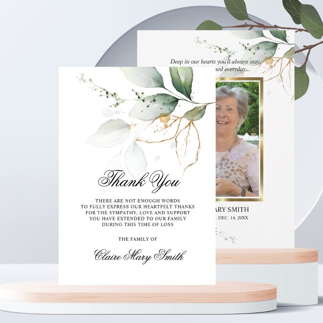 Sympathy Funeral THANK YOU Botanical Green PHOTO Card (Sympathy Funeral THANK YOU cards in Botanical Green Gold | add PHOTO)