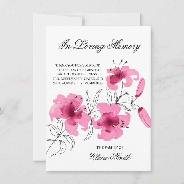 Sympathy Funeral THANK YOU Lily Floral PHOTO Card (Front)