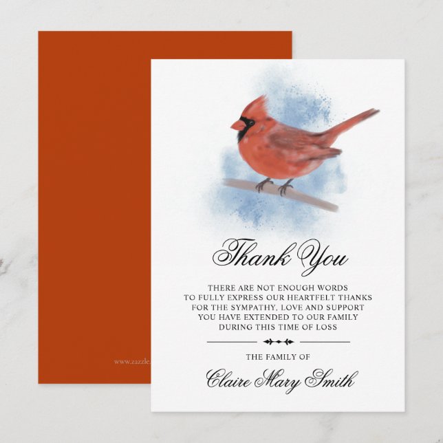 Sympathy Funeral THANK YOU Watercolor Cardinal (Front/Back)