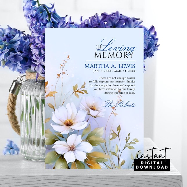 Sympathy Funeral White Wildflowers Blue Thank You Card (Thank You Funeral Blue White Floral  PHOTO Card | Watercolor Pastel)