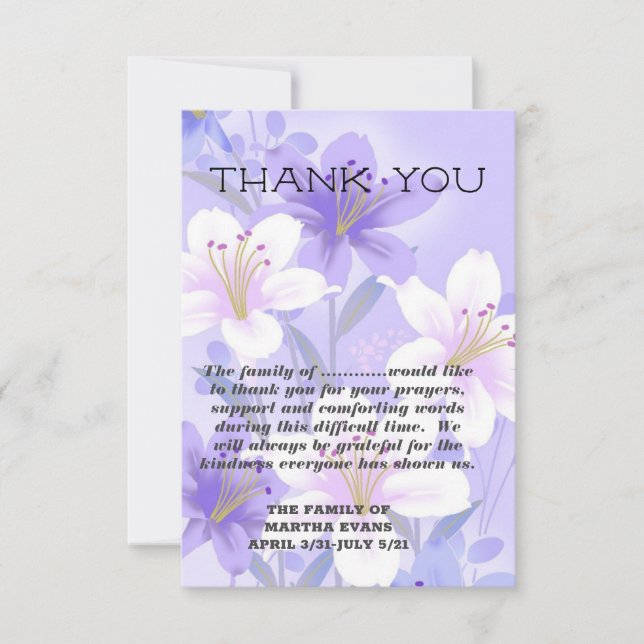 Sympathy Lavender and White Lilies  Thank You Card (Front)