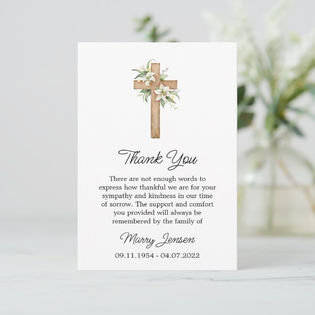 Sympathy Lily Cross Funeral Thank You Card (Standing Front)