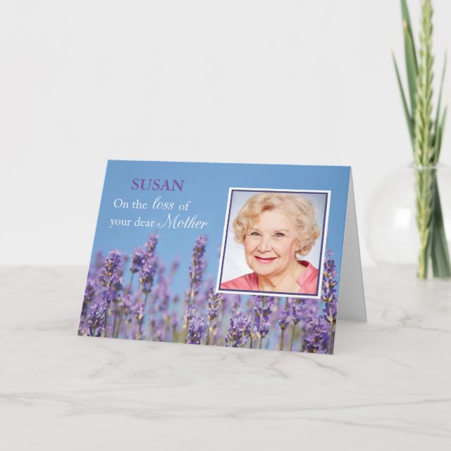Sympathy Loss of Mother, Custom Photo, Name, Purpl Card (Front)