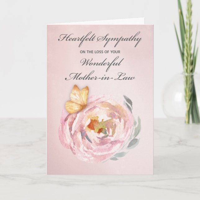 Sympathy Loss of Mother in Law Butterfly Pink Rose Card (Front)