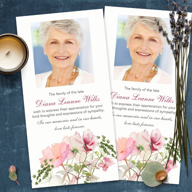 Sympathy Loss Photo Floral Funeral Thank You Cards (funeral thank you cards, bereavement, elegant, simple, celebration of life, sympathy card)