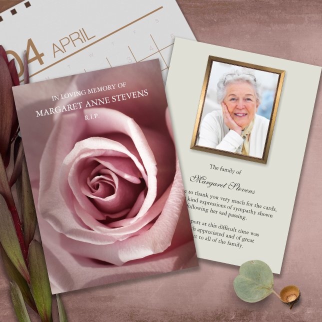 Sympathy Loss Pink Rose Funeral Thank You Cards (funeral thank you cards, bereavement, elegant, simple, celebration of life, sympathy card)