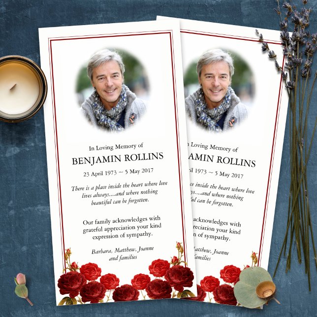 Sympathy Loss Red Rose Funeral Thank You Cards (funeral thank you cards, bereavement, elegant, simple, celebration of life, sympathy card)