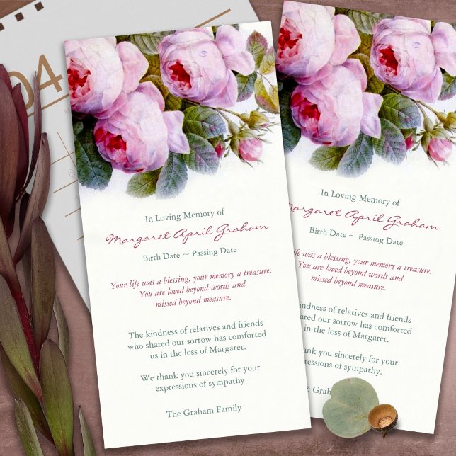 Sympathy Loss Roses Pink Funeral Thank You Cards (funeral thank you cards, bereavement, elegant, simple, celebration of life, sympathy card)