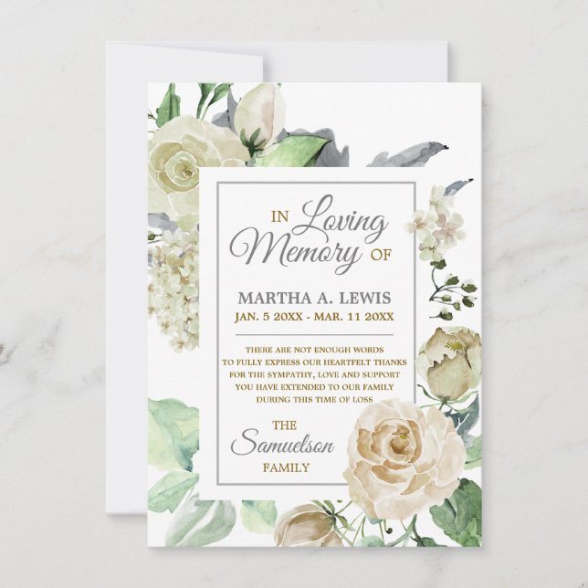 Sympathy Loving Memory Creme Floral THANK YOU Card (Front)