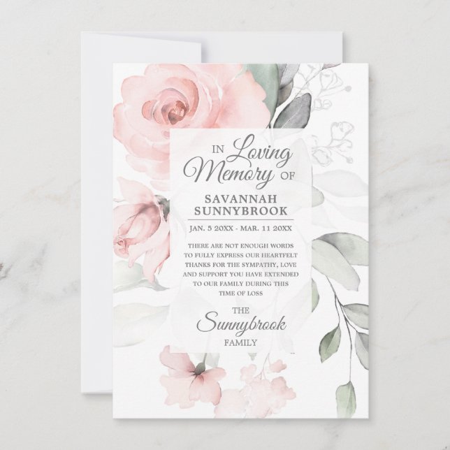 Sympathy Loving Memory Pink Rose Floral THANK YOU (Front)