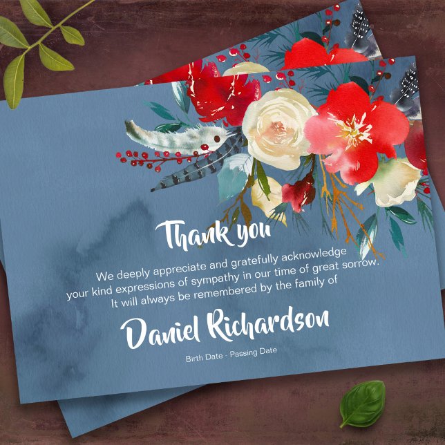 Sympathy Memorial Floral Funeral Thank You Card (Scandi Boho Floral Bereavement Memorial Sympathy Funeral Thank You Card)