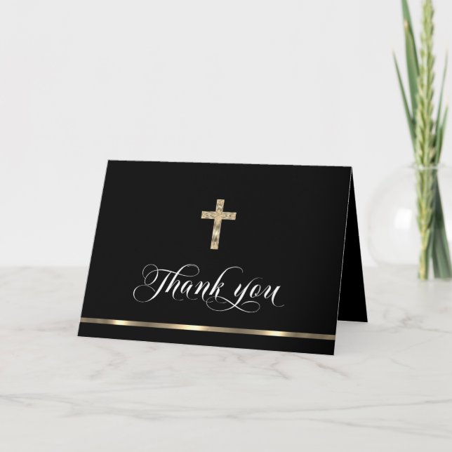 Sympathy Memorial Religious Cross Black Gold Thank Thank You Card (Front)