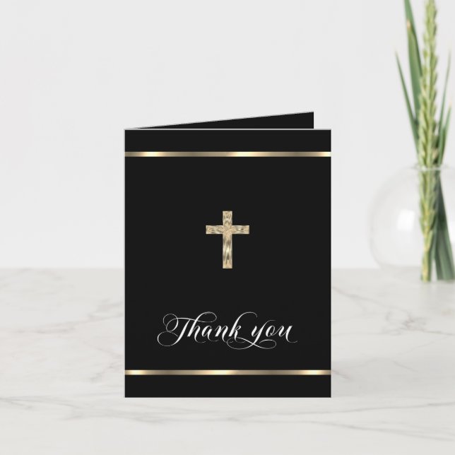 Sympathy Memorial Religious Cross Black Gold Thank You Card (Front)