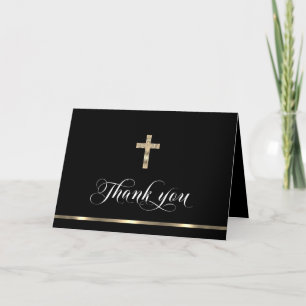 Sympathy Memorial Religious Cross Black Gold Thank You Card