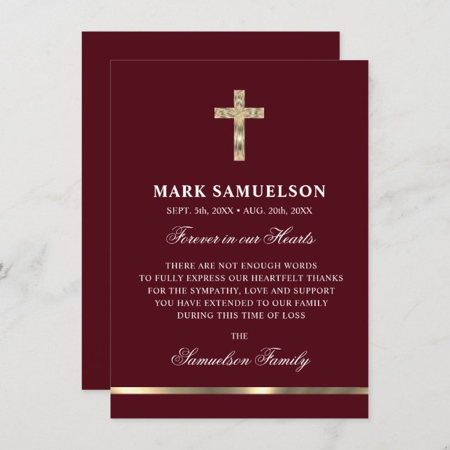 Sympathy Memorial Religious Cross  Burgundy Gold Thank You Card (Front/Back)