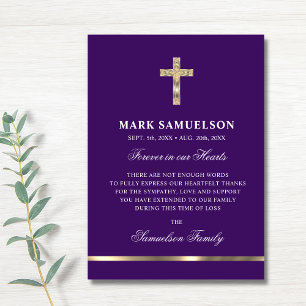 Sympathy Memorial Religious Cross Purple Gold Thank You Card