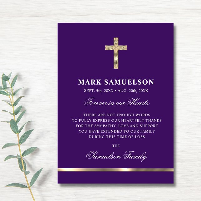 Sympathy Memorial Religious Cross Purple Gold Thank You Card (Creator Uploaded)