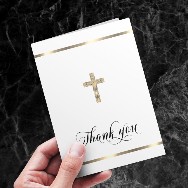 Sympathy Memorial Religious Cross White Gold PHOTO Thank You Card (Creator Uploaded)