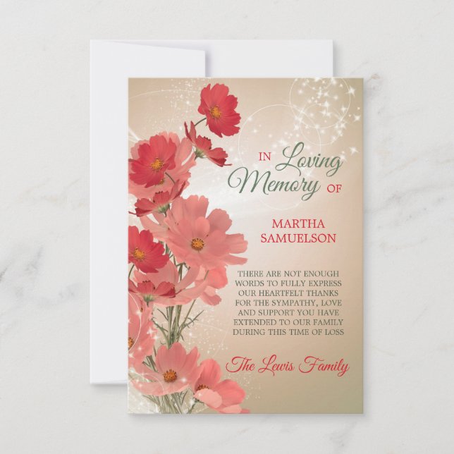 Sympathy Memory Floral Red Pink Coral THANK YOU Card (Front)