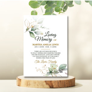 Sympathy Memory Greenery Gold Leaves THANK YOU Card