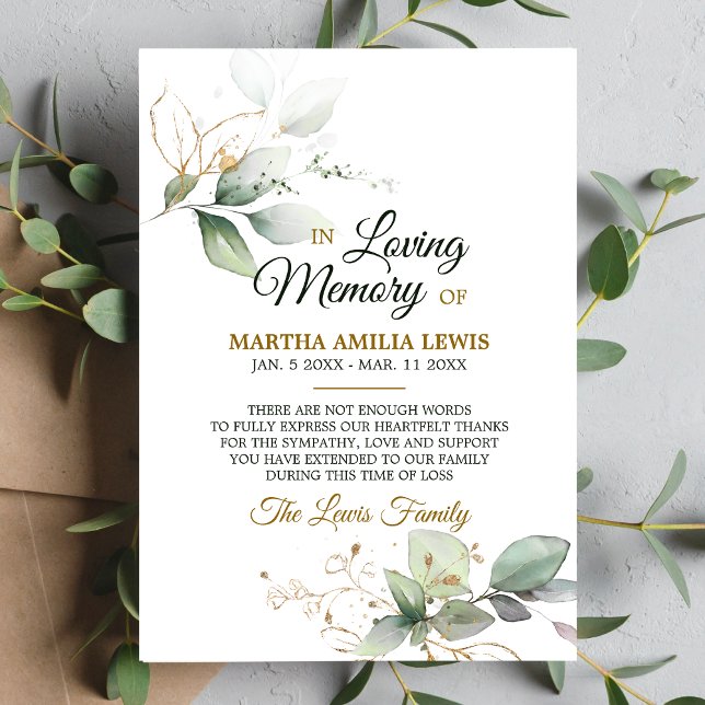 Sympathy Memory Greenery Gold THANK YOU | PHOTO Card (Creator Uploaded)