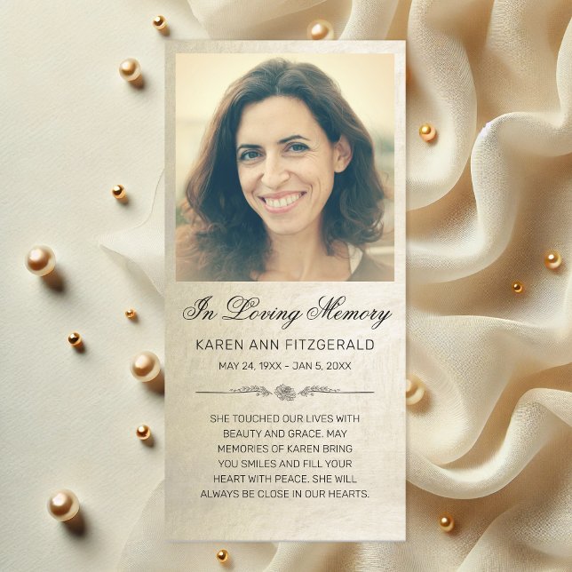 Sympathy Photo Elegant Script Gold Funeral Card (Chic Gold Shimmer Photo Funeral Card)