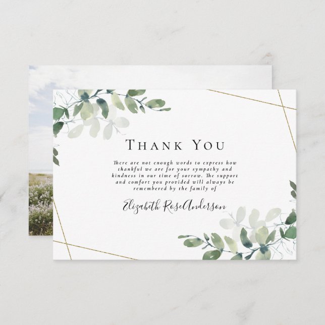 Sympathy Photo Eucalyptus Funeral Thank You Card (Front/Back)