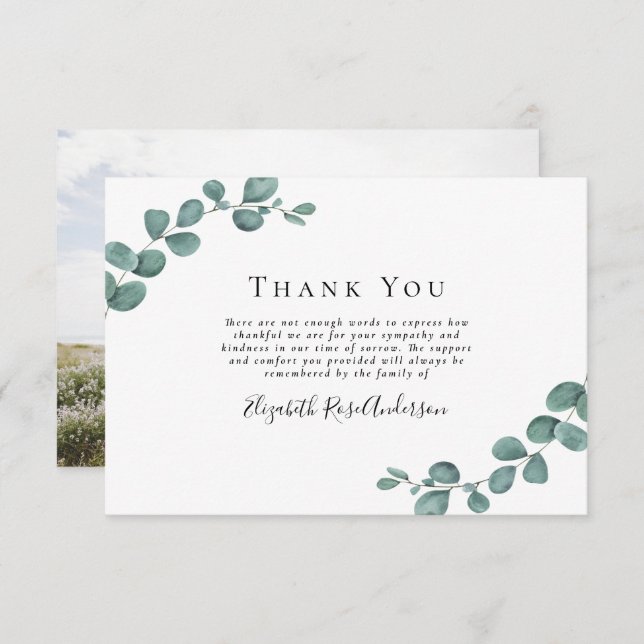 Sympathy Photo Eucalyptus Funeral Thank You Card (Front/Back)