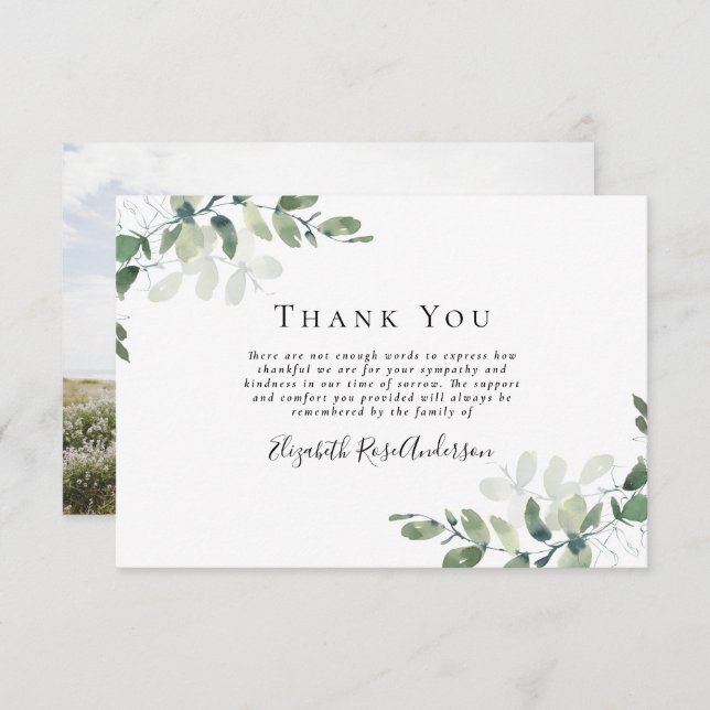 Sympathy Photo Eucalyptus Funeral Thank You Card (Front/Back)