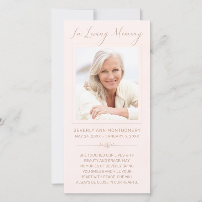 Sympathy Photo Pink Watercolor Funeral Prayer Card (Front)
