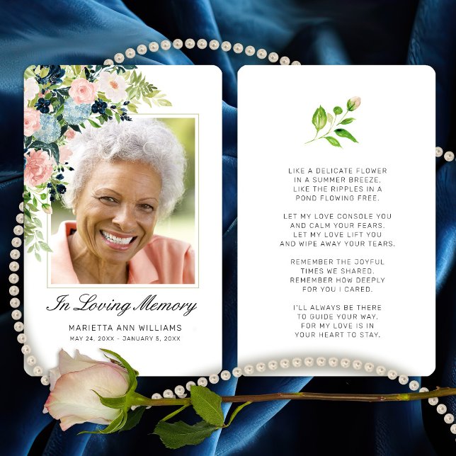 Sympathy Pink Blue Rose Floral Photo Prayer Card (In Loving Memory Pink Blue Watercolor Floral Photo Poem Card)