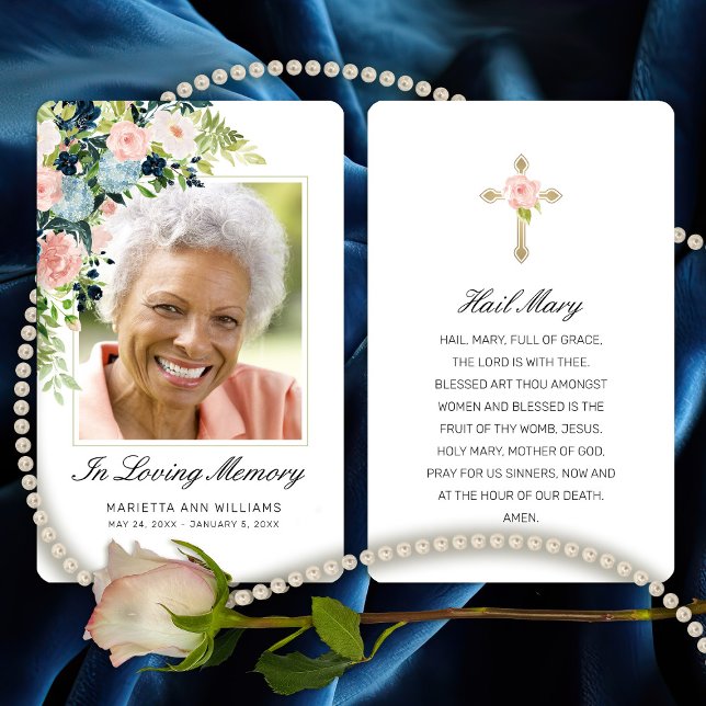Sympathy Pink Blue Rose Floral Photo Prayer Card (In Loving memory photo pink blue watercolor floral prayer card)