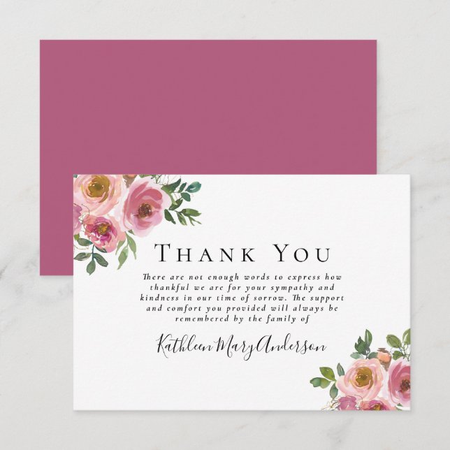 Sympathy Pink Floral Funeral  Thank You Card (Front/Back)