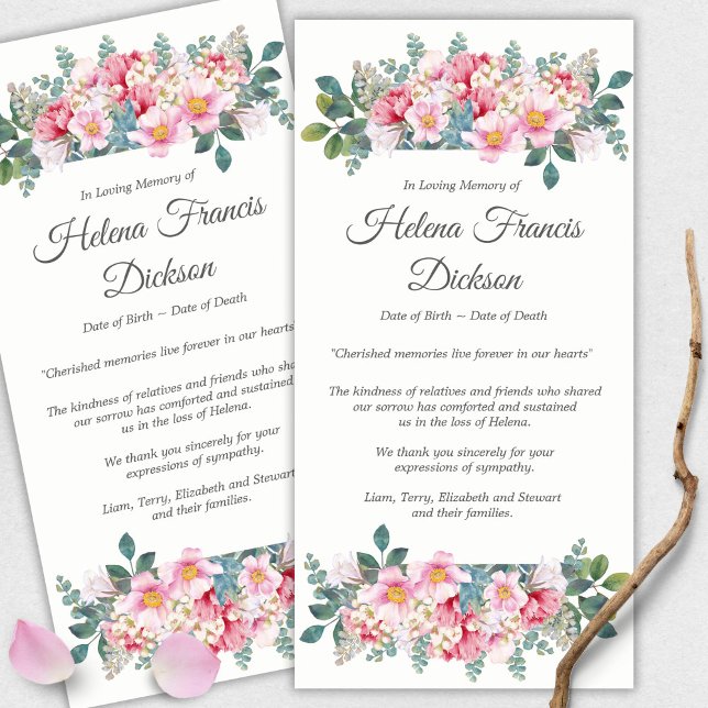 Sympathy Pink Floral Loss Funeral Thank You Cards (funeral thank you cards, bereavement, elegant, simple, celebration of life, sympathy card)