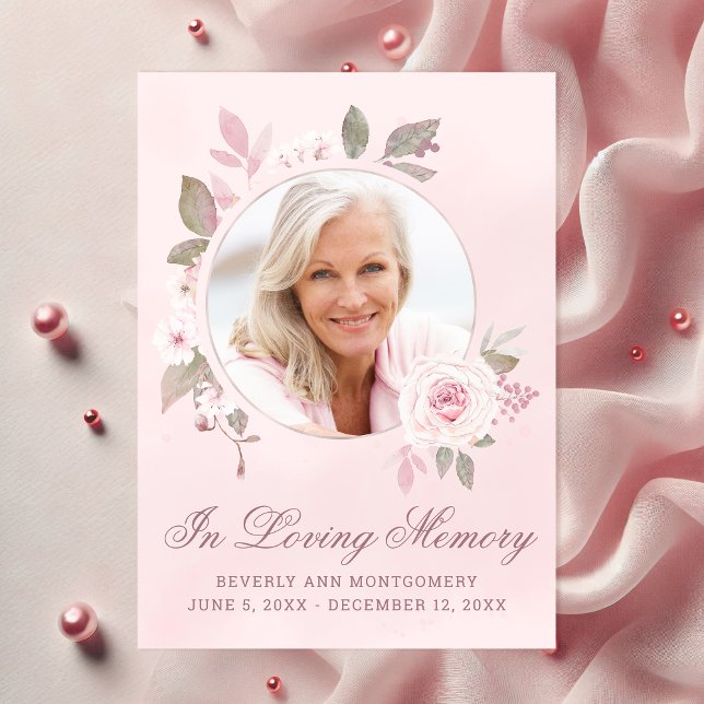 Sympathy Pink Rose Floral Photo Memorial Thank You Card (Elegant In Loving Memory Pink Rose Watercolor Floral Photo Funeral Thank You Card)