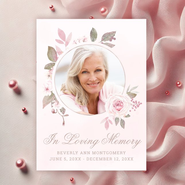 Sympathy Pink Rose Floral Photo Memorial Thank You Card (In Loving Memory Pink Rose Floral Photo Funeral Thank You Card)