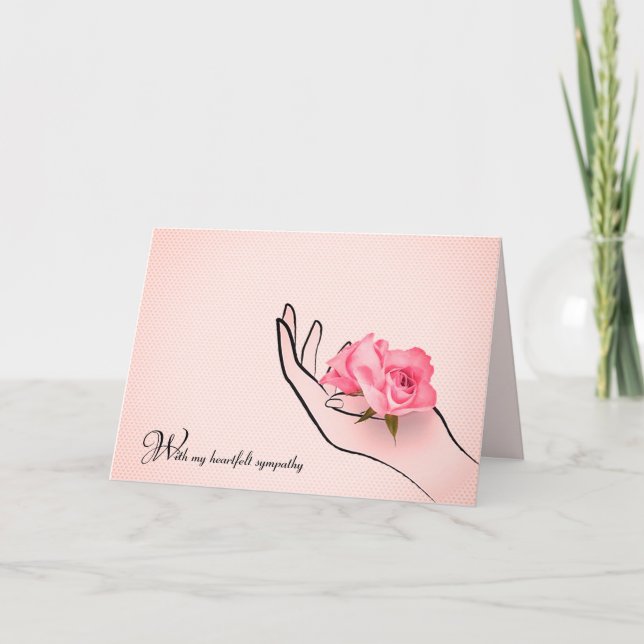 Sympathy  pink rose in hand card (Front)