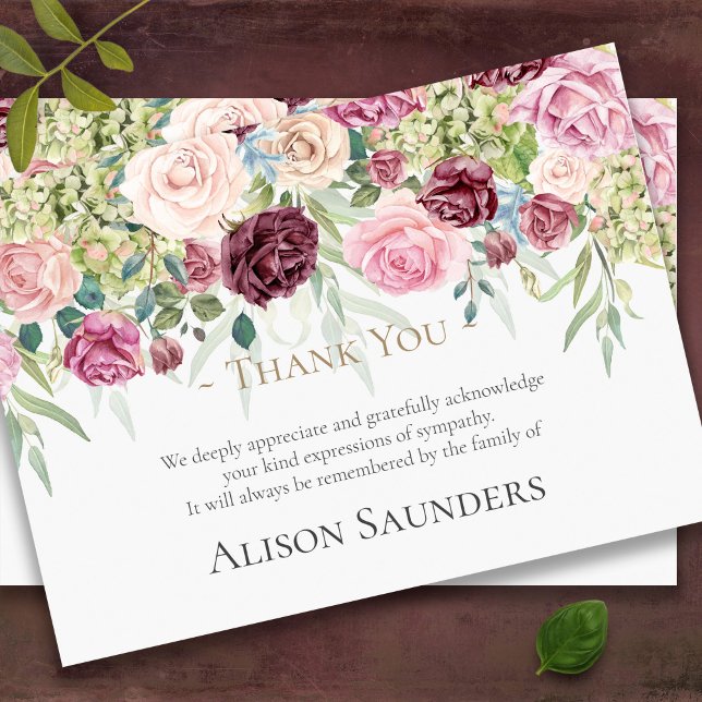 Sympathy Pink Roses Funeral Thank You Card (Sympathy Roses in shades of pink Memorial Bereavement Funeral Thank You Card)