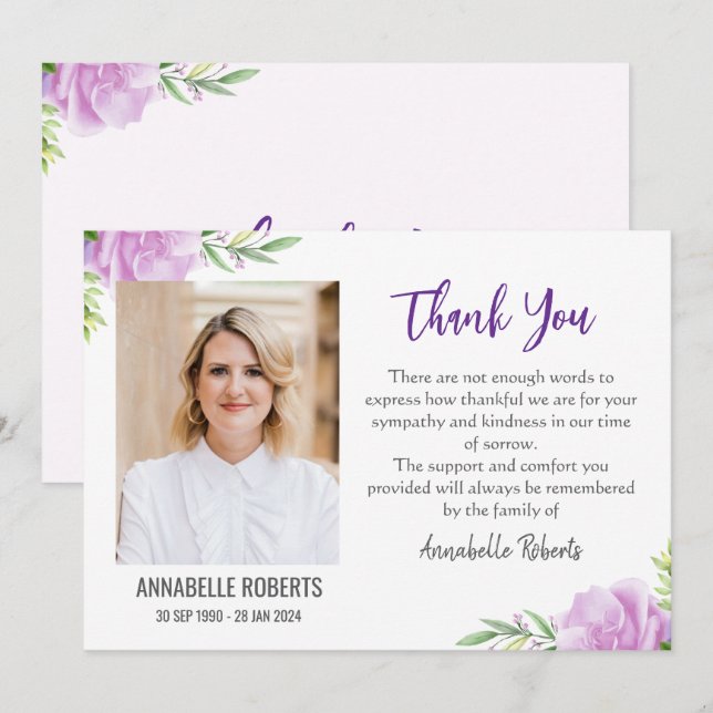 Sympathy Purple and Pink Flowers Photo Funeral  Thank You Card (Front/Back)
